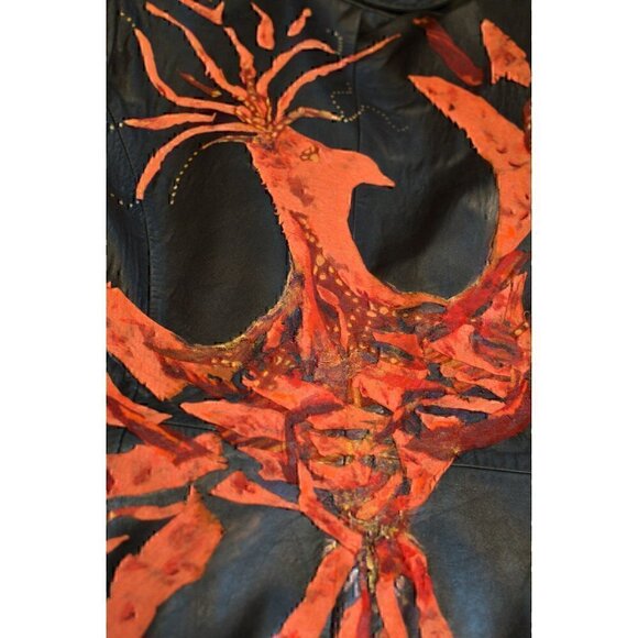 Vintage hand painted leather coat; fire, phoenix, red, gift for her sz L - Picture 5 of 12